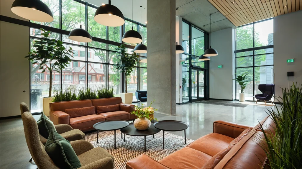 Spacious building lobby with large glass walls allowing natural light, featuring brown leather sofas, plush chairs with green pillows, indoor plants, and round black coffee tables atop a textured rug, with black dome pendant lights overhead.