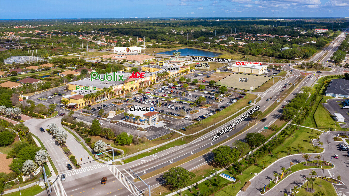 Labeled aerial photograph of Jacaranda Commons showing major tenants like Publix, CVS, Chase, and others, with surrounding roads named Jacaranda Boulevard and East Venice Avenue, and nearby residential neighborhoods and green spaces.
