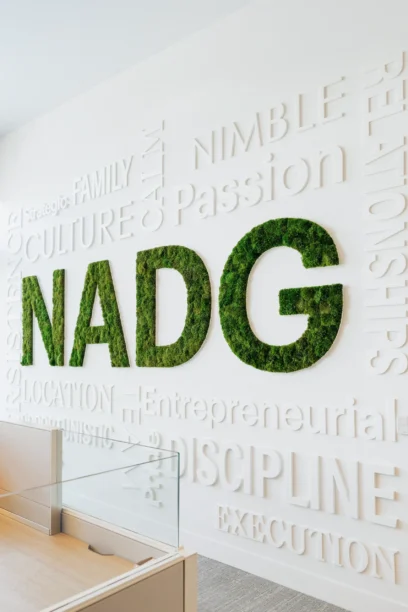 NADG word wall with NADG letters in green in the center and values in white 3d letters