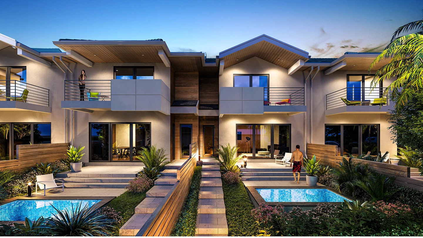 Evening rendering of a modern two-story townhome at NUVO Lighthouse Point, viewed from a central pathway. The image features four private patios with plunge pools, surrounded by landscaped gardens and wooden privacy screens. Each unit has a balcony with modern railings and patio seating. Warm lighting illuminates the entrances and balconies. A man in swim trunks walks near one of the pools, and a woman stands on a second-floor balcony under a twilight sky.