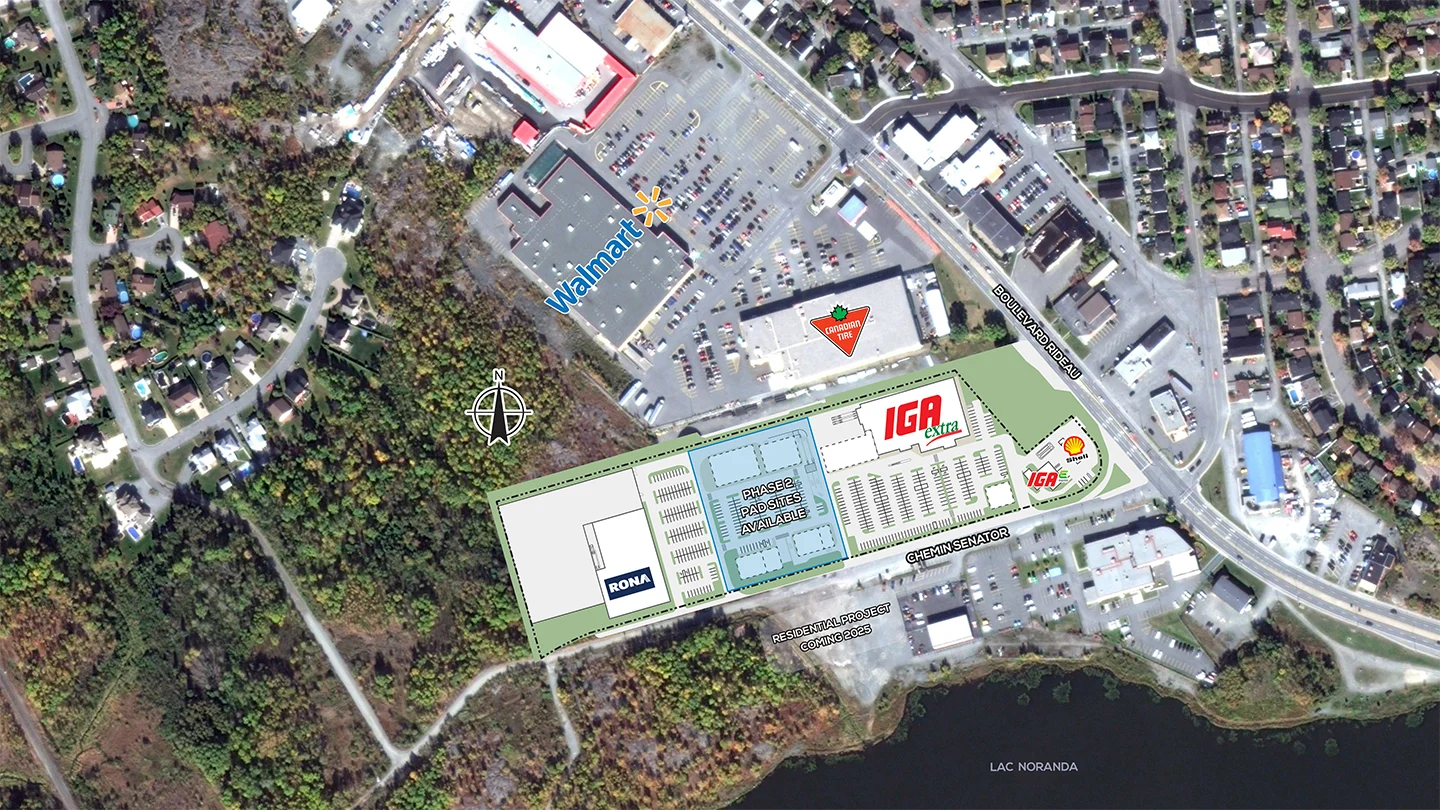 Aerial rendering of a proposed commercial development named Projet Senator, located near Lac Noranda. The layout shows major retail anchors including a future RONA store on the left, IGA Extra in the center, and a Shell gas station on the right near the road labeled "Boulevard Rideau." The development includes large parking areas and blue-shaded zones marked as "Phase 2 / Pad Sites Available." Above the site are existing businesses including Walmart and Canadian Tire. The map features a north arrow and labels a nearby residential neighborhood to the west and a “Residential Project Coming 2025” to the south of the development.