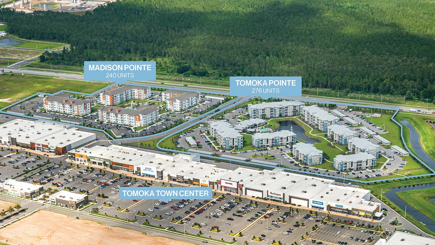 Aerial view of a large mixed-use development featuring two residential communities and a retail shopping center. Madison Pointe, labeled with 240 units, consists of several four-story apartment buildings with red and white accents. Adjacent to it is Tomoka Pointe, labeled with 276 units, featuring multiple three-story buildings arranged around a central pond. In the foreground is Tomoka Town Center, a retail complex with large anchor stores such as Ross, TJ Maxx, and Five Below, along with a spacious parking lot filled with cars. A dense forest lies beyond the residential areas.
