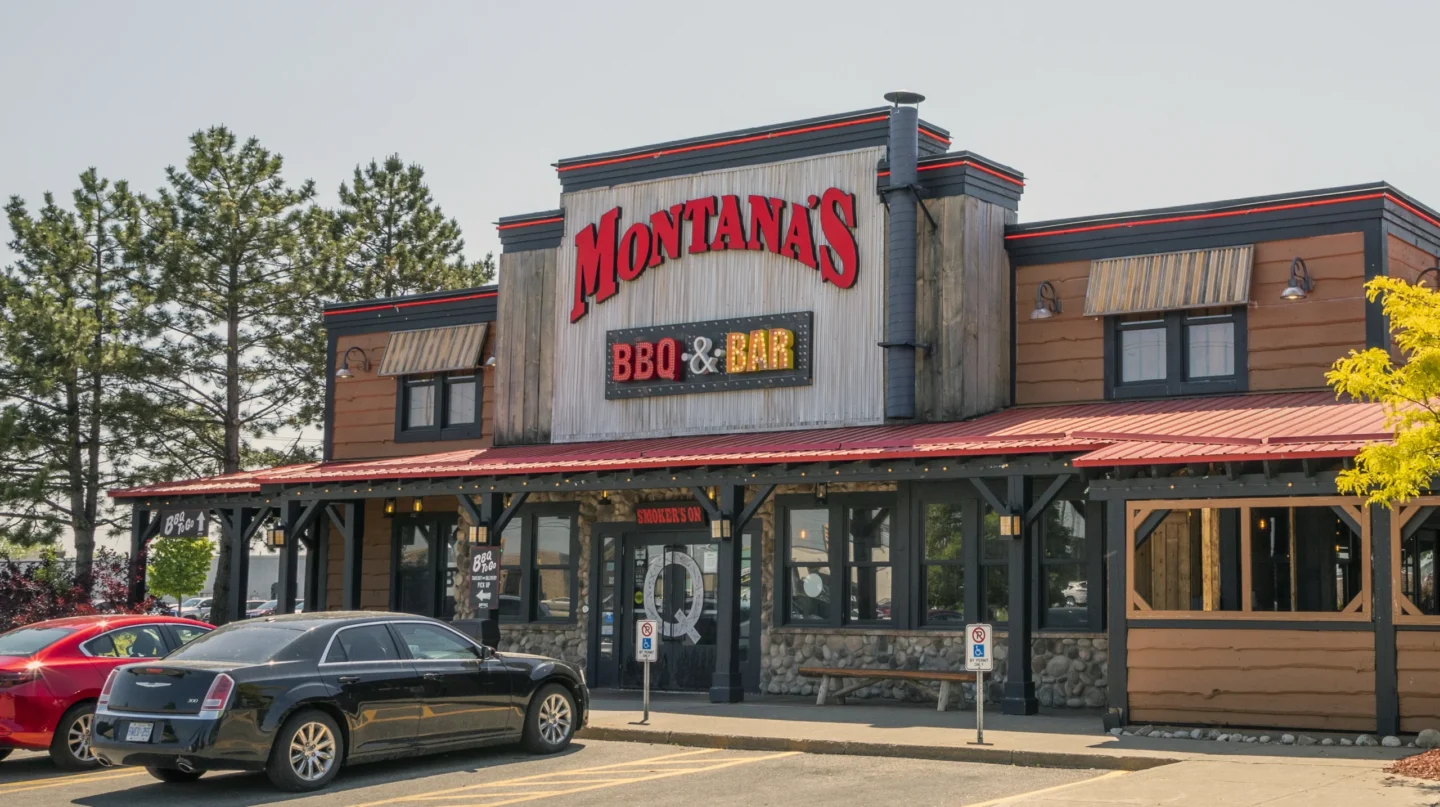 Exterior view of Montana’s BBQ & Bar restaurant with rustic wood and stone facade, red roof, and accessible parking in front.