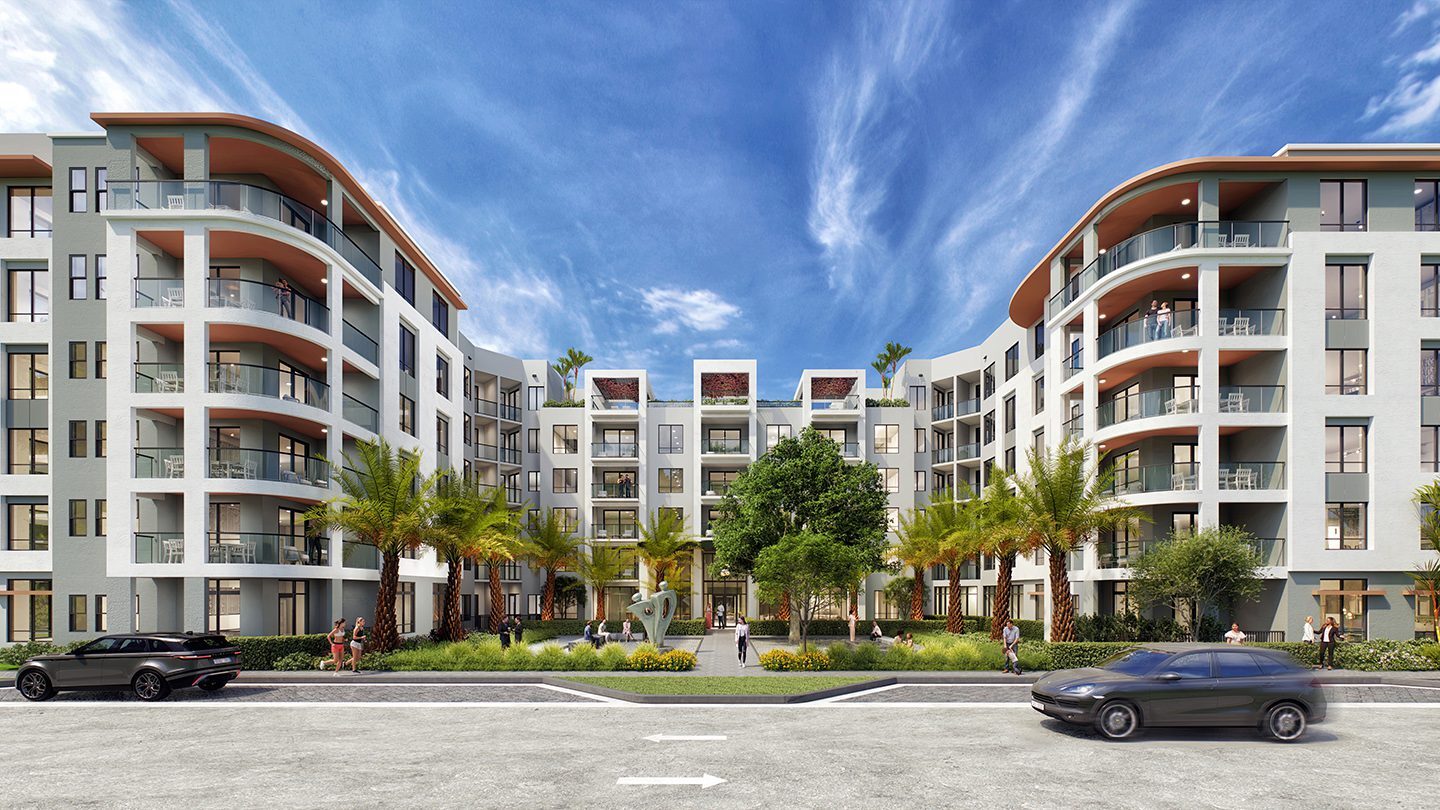 Rendering of NUVO Midtown Boca with a curved facade and balconies overlooking a landscaped front plaza. A tree and sculpture are centered in the entrance area, with palm trees, people walking, and two cars driving by in the foreground under a bright blue sky.