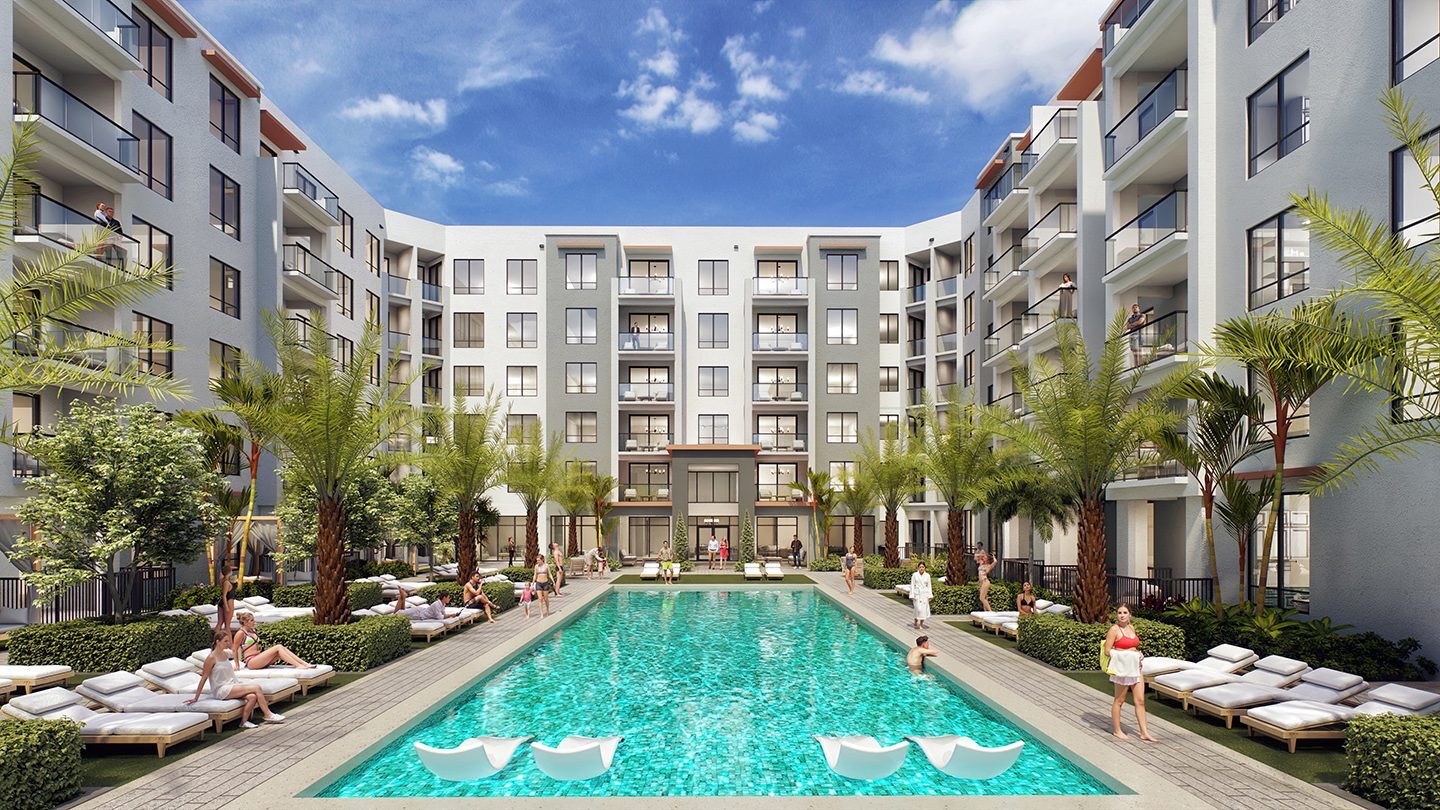 Rendering of NUVO Midtown Boca courtyard featuring a central rectangular swimming pool surrounded by lounge chairs and palm trees. People are relaxing on the chairs, standing near the pool, or looking out from balconies of the mid-rise buildings that enclose the courtyard.