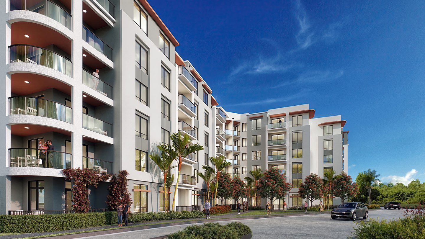 Rendering of NUVO Midtown Boca with large windows and private balconies. People are walking and interacting along a landscaped sidewalk, while cars are parked nearby on a quiet street. Palm trees and flowering bushes enhance the inviting atmosphere of the complex.