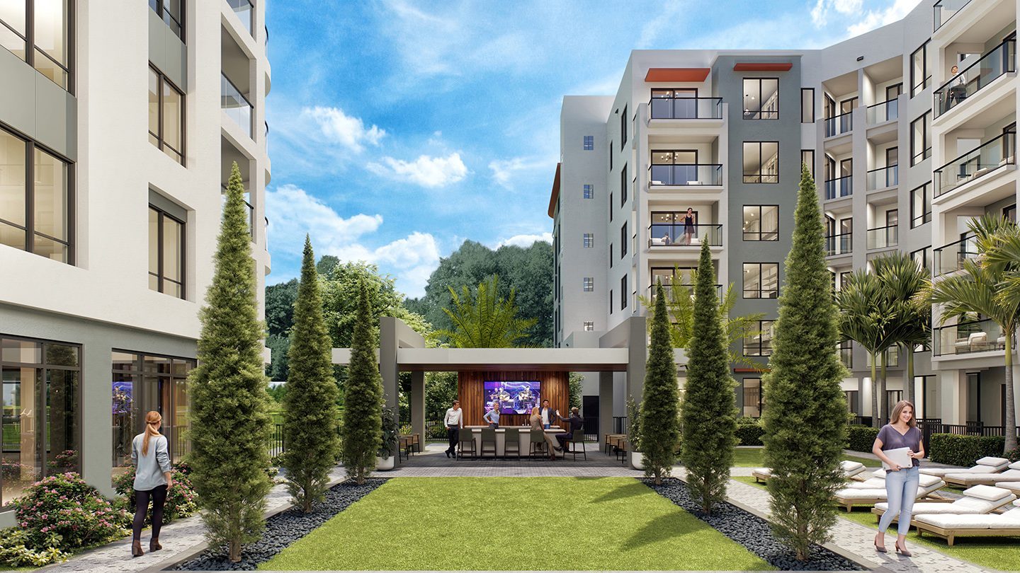 Rendering of NUVO Midtown Boca with tall manicured evergreen trees lining a central grass pathway. In the background, there is a covered outdoor lounge area with bar seating and a television. Residents are seen walking and socializing in the landscaped communal space between two multi-story buildings.