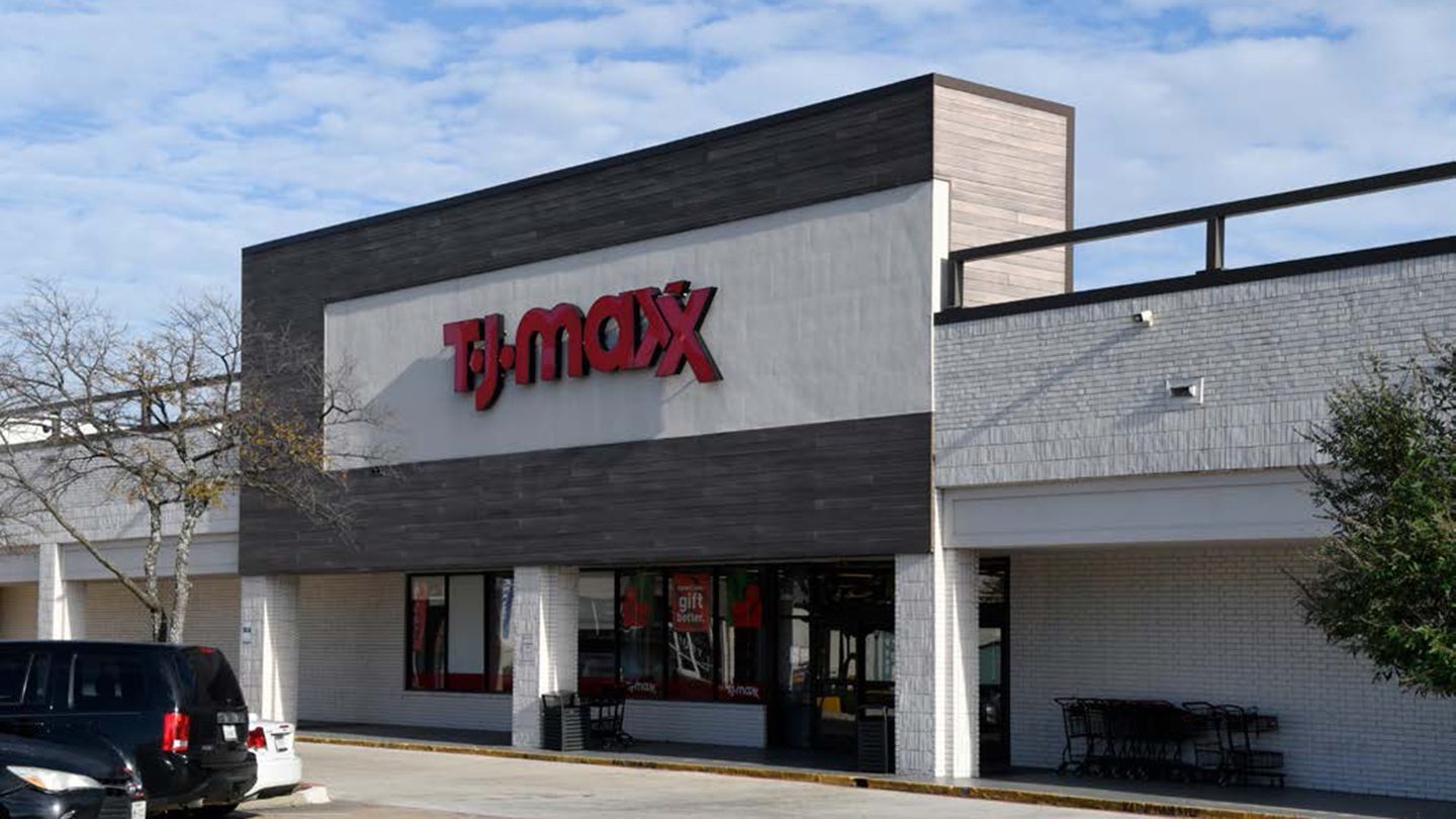 Exterior of a TJ Maxx store, featuring large red 
