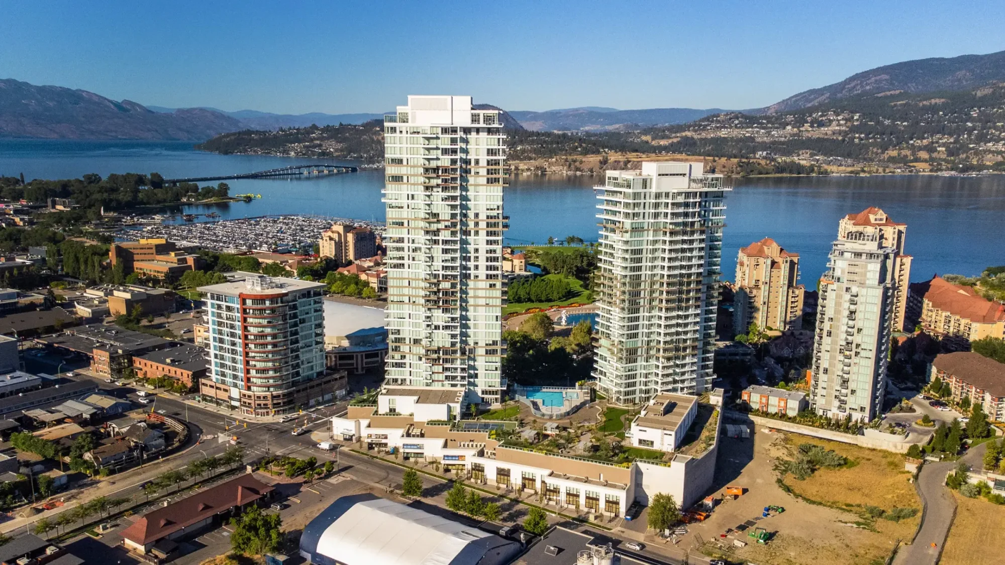 twin buildings of one water street with amenities and pool