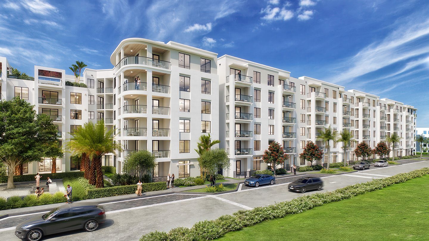 Rendering of NUVO Midtown Boca with multiple balconies and large windows. The building is surrounded by palm trees, pedestrians, and parked cars on a tree-lined street under a sunny blue sky.