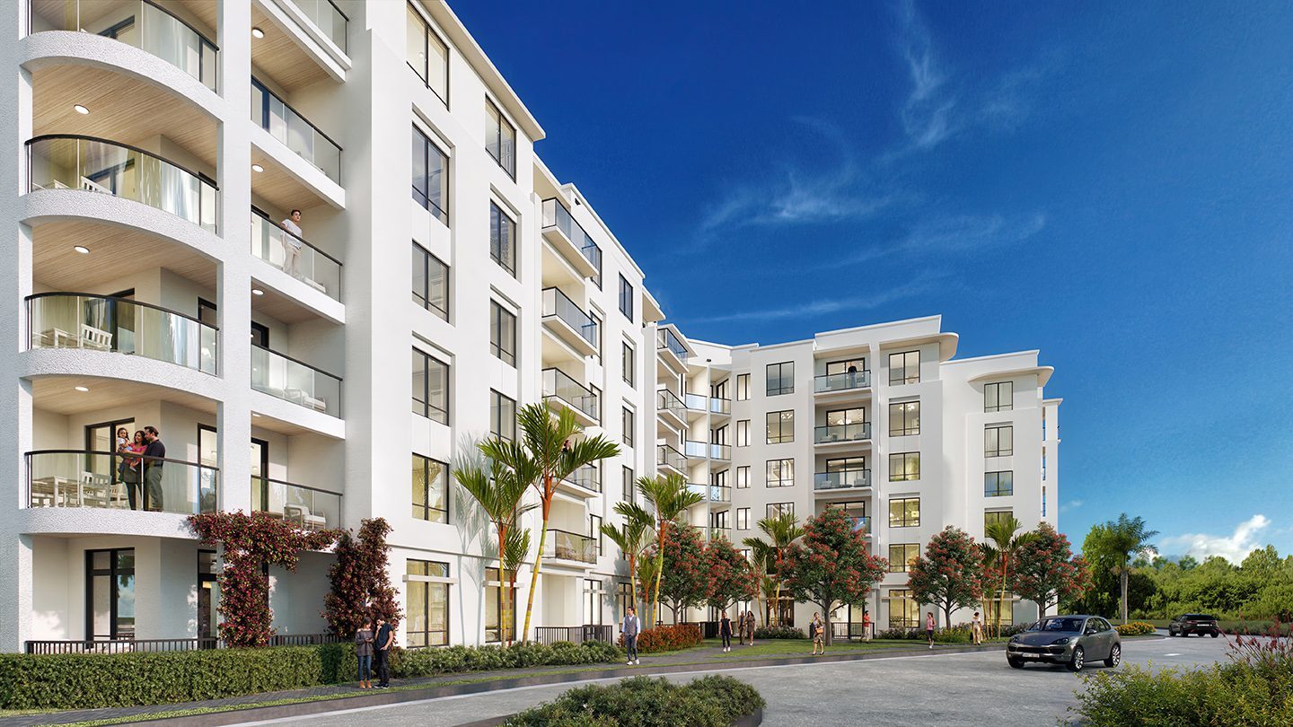 Rendering of NUVO Midtown Boca with large windows and private balconies. People are walking and interacting along a landscaped sidewalk, while cars are parked nearby on a quiet street. Palm trees and flowering bushes enhance the inviting atmosphere of the complex.